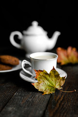 Tea set, breakfast or coffee break. Autumn