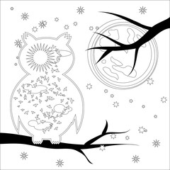 Coloring page with symbol moon, sun, owl. coloring book for adult, antistress, album, wall mural, art, tattoo. Black and white outline illustration.