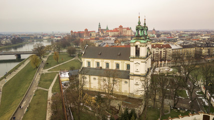 Fototapeta premium winter church Na Skałce with the Wawel castle in the background, Krakow, Poland