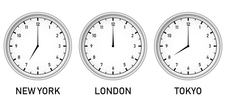 Clock with different time zones - New York, London and Tokyo vector