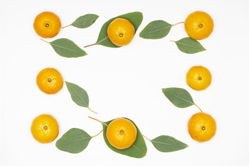 Small tangerines with green leaves isolated  on white background.