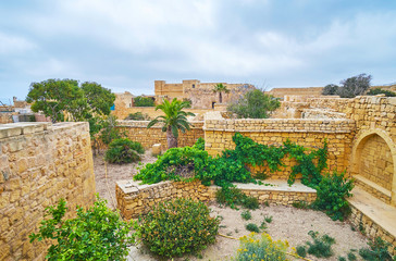 The stone walls of Rabat Citadel, Victoria, Gozo Island, Malta