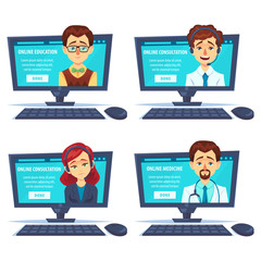 Set of portraits of happy smiling woman mancustomer support, teacher, docotor phone operator look out laptop. Modern new technology. Vector flat cartoon illustration. Online
