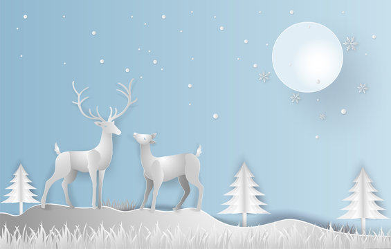 Illustration paper art style of Winter season and beautiful of reindeer with landscape background. Merry Christmas and Happy New Year.