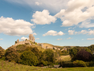 Fototapeta na wymiar landscape summer's day corfe castle special ruins medieval old nature trees sky clouds