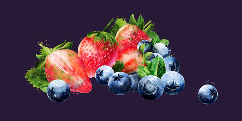 Blueberries and strawberries on dark background. Watercolor illustration
