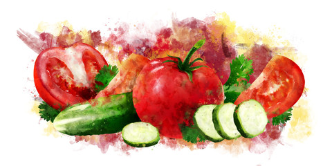Tomato , cucumber and salad on white background. Watercolor illustration