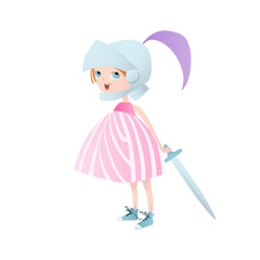 Cute little princess in helmet with a sword. Vector. Character design.