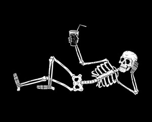 RESTING SKELETON WITH COCKTAIL BLACK BACKGROUND