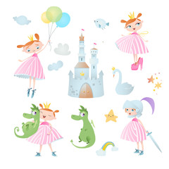 Princess’s adventure. Set of vector elements, which contains: dragon, castle, rainbow and stars.