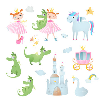 Princess’s adventure. Set of vector elements, which contains: unicorn, dragon, swan,  brougham, and castle.