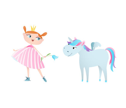 Cute little princess feeds and a unicorn. Vector. Character design.