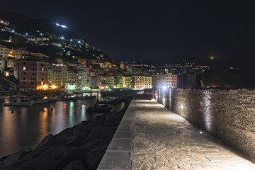 Harbor promenade at night in Camogli, Italy