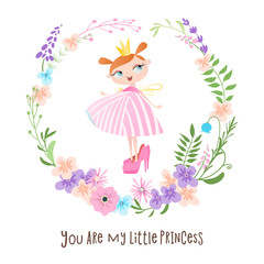 Little princess trying on mom's shoes. Decorate with floral wreath.