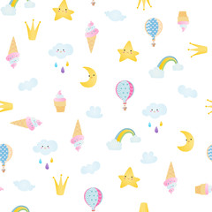A seamless pattern with stars, moons, clouds, rainbows, balloons