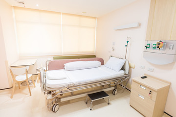 Recovery Room with bed and comfortable medical equipped in a hospital. Mattress with white cloth