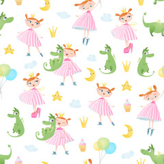 A seamless pattern with princess, dragon, star, cake, moon.