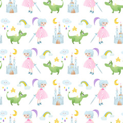 A seamless pattern with princess, dragon, rainbow, moon, star, cloud, castle.