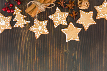 Homemade gingerbread cookies. Flat lay concept with free copy space for text.