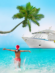 Christmas holidays beach vacation woman on cruise travel in Caribbean holiday getaway destination...