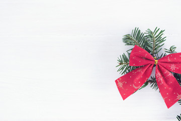 Christmas composition. Christmas decoration on wooden white background. Flat lay, top view, copy space, background.