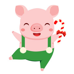 Cartoon pig, symbol of 2019 chinse new year dance with candy cane. vector illustration for calendars and cards