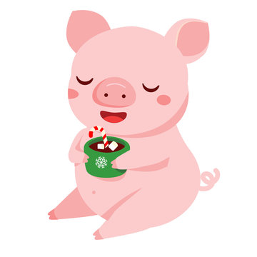 Cartoon pig, symbol of 2019 chinse new year having cozy drink. vector illustration for calendars and cards