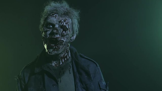 Horror zombie. Halloween party. Close-up portrait of a horrible scary zombie man in smoke.