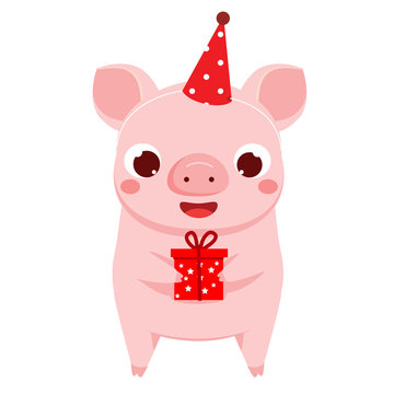 Cartoon pig, symbol of 2019 chinse new year with gift box. vector illustration for calendars and cards