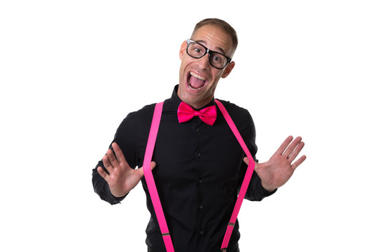 Young boy with black shirt and bow tie and colored suspenders