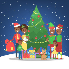 Family have fun together at christmas tree