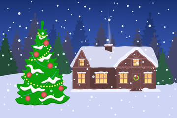 Winter forest with decorated green christmas tree