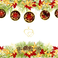 Christmas and New Year decorative seamless horizontal bordern branches with pine cones and red Christmas ornaments with golden and red poinsettia vintage vector illustration editable hand draw