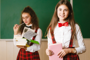 two funny schoolgirls in school uniform are standing with books on the background of the school board