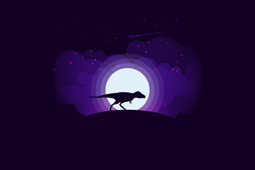 Silhouette dinosaurus on the hill with full moon in the background.