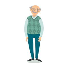 Senior man standing. Old man wearing glasses. Grandfather with grey hair, mustache, wearing sweater. Cartoon grandpa. Cartoon vector hand drawn eps 10 flat illustration isolated on white background