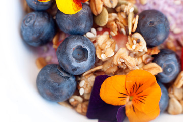 Macro image of blueberry granola with edible flowers in soft focus