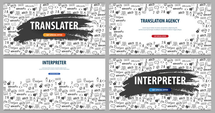 Set of Language Translator banners with hand-draw doodle on the background. Concept of translating agency and interpreting.