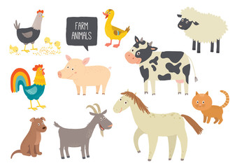 Set of cute farm animals. Horse, cow, sheep, pig, duck, hen, goat, dog, cat, cock. Cartoon vector hand drawn eps 10 childrens illustration isolated on white background.