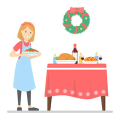 Woman prepare christmas dinner and serve the table