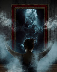 Mirror. Terrible ghost on dark smoke
