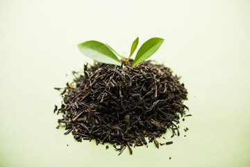 Black Tea Powder or dry dust with or without green leaf and served hot chai in a cup
