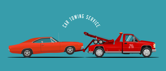 Naklejka premium Car Towing Truck Service Illustration with towing truck and car. Ready made illustration for your business. Vector Illustration.