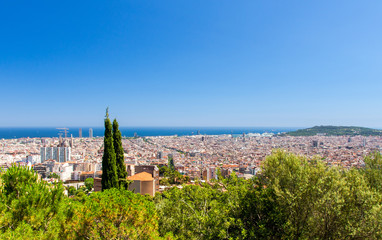 Naklejka premium Top aerial panoramic view of Barcelona cityscape, Catalonia, Spain