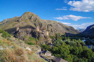 Khertvisi. Ancient fortress is located on the high rocky hill in the gorge on the place of confluence of the Kura and its right inflow. Georgia, Samtskhe-Javakheti region
