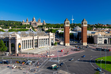 Aerial view of Plaza de Espanya Square, Barcelona, Catalonia, Spain - obrazy, fototapety, plakaty