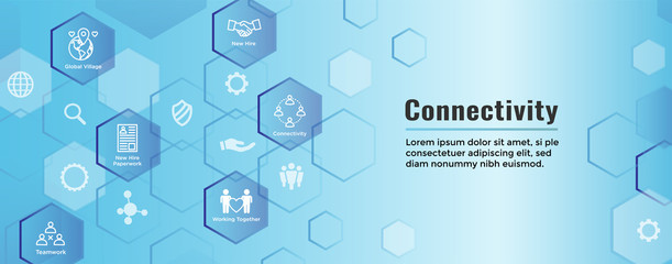 Fototapeta na wymiar Connectivity Web Header Banner with Togetherness, Connectnedness and Collaboration Icon Set