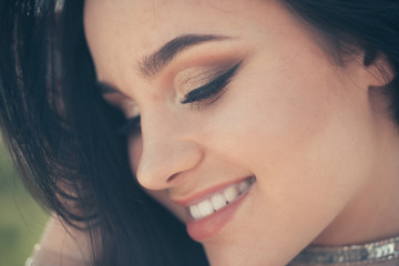 Obraz premium Beauty salon and hairdresser. Pretty girl with long brunette hair. Happy cute girl outdoor. Fashion portrait of sexy woman. Makeup cosmetics and skincare. Sexy beauty. Ambitious and beautiful