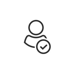Profile with checkmark icon vector, line outline art user account accepted symbol with tick, approved or applied person sign, validation verified pictogram, authorized member isolated - obrazy, fototapety, plakaty