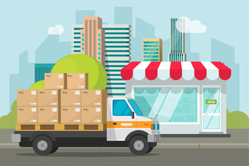Delivery truck loaded with parcel boxes near store vector illustration, concept of shipping packages from shop building, retail courier van on city street and boutique storefront flat cartoon